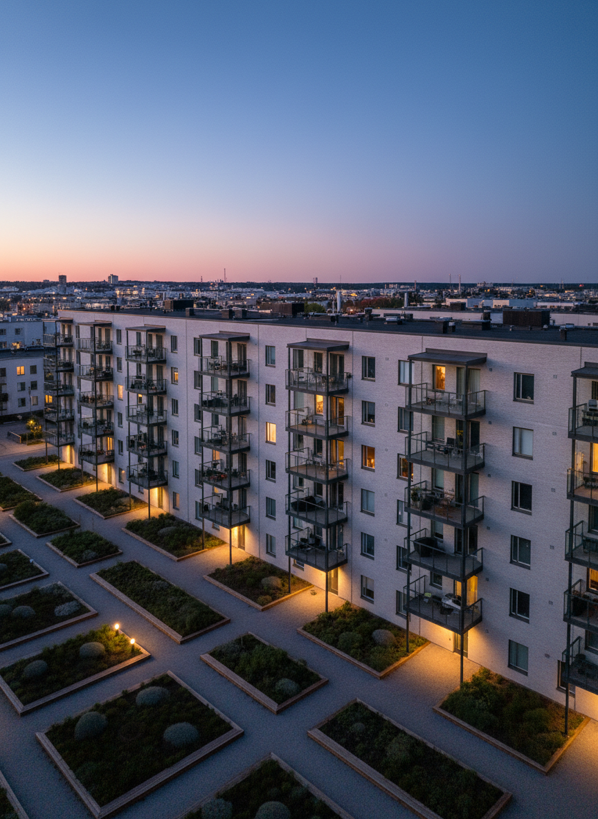 A row of contemporary apartment buildings in a Finnish city, captured by drone at blue hour just after sunset. The main subject is a mid-rise block with a light concrete facade and dark framed balconies, each balcony softly illuminated by warm interior light that spills onto the exterior. Below, a neatly organized courtyard with geometric plant beds and pathways forms a structured pattern. The sky transitions from deep blue to soft lavender near the horizon, with subtle city lights beginning to glow. Photographic realism with a slightly elevated diagonal perspective, using leading lines of the building edges to guide the eye. The mood is polished and urban yet calm, ideal for showcasing residential real estate with a high-end, professional feel.