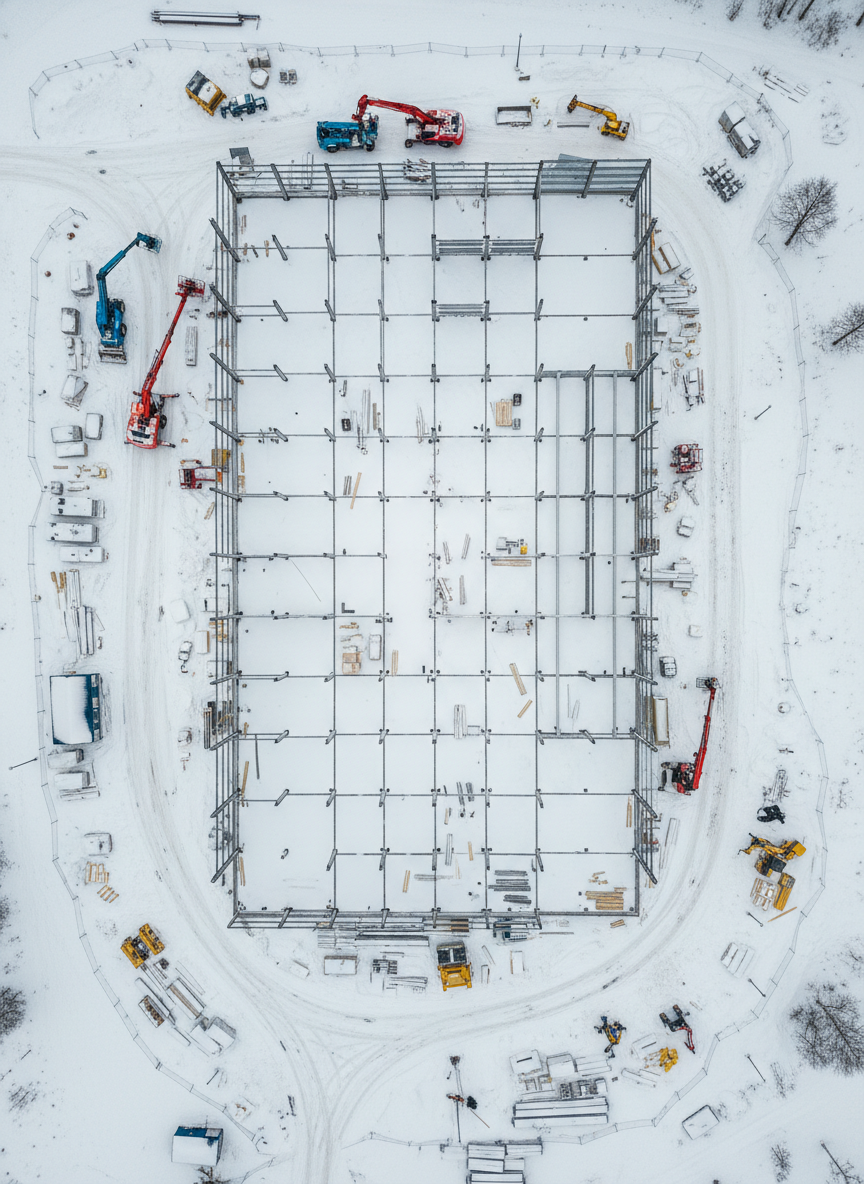 A partially constructed commercial building on a snowy Finnish construction site, viewed from a hovering drone directly above. The reinforced concrete structure with exposed steel beams forms a precise geometric grid against the white, textured snow. Bright safety-colored machinery and stacked materials create organized clusters around the central shell. Overcast winter sky provides soft, diffused lighting with minimal harsh shadows, emphasizing clean lines and surface details. Photographic realism with sharp focus across the frame, highlighting progress and logistical order. The bird’s-eye composition clearly shows the full footprint of the site, temporary access roads, and neatly arranged storage areas, conveying a methodical, professional atmosphere ideal for documenting construction monitoring and project reporting.