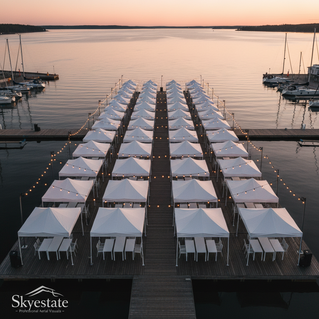 An outdoor corporate event venue prepared beside a Finnish harbor, photographed from a low-flying drone at sunset. A precisely arranged grid of white canopy tents and rectangular tables forms the main subject, their clean lines contrasting with the dark wooden decking and calm, reflective water nearby. Decorative string lights trace warm, glowing paths between structures, mirrored subtly on the water’s surface. The sky is painted with soft oranges and pinks, casting a gentle, flattering light that produces smooth, minimal shadows. Photographic realism with a wide-angle aerial view, emphasizing symmetry and organization while including boats and piers at the frame’s edge for context. The atmosphere is polished and anticipatory, highlighting Skyestate’s capability to capture professional aerial visuals for high-end events without showing any guests.