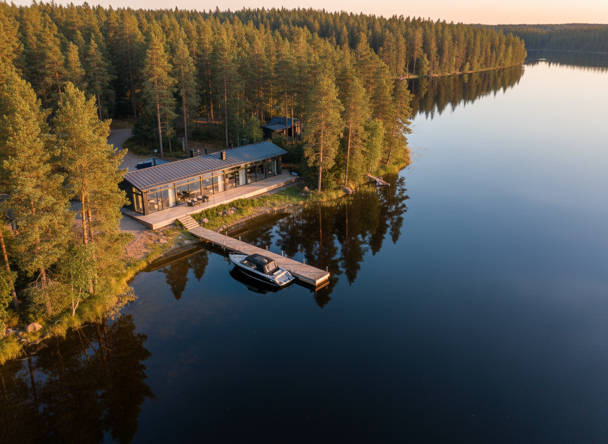 An elegant modern Finnish lakeside property seen from high above, captured by a professional drone at golden hour. The main subject is a sleek, dark wooden villa with a metal roof and expansive glass windows, nestled among dense pine trees and reflecting softly on a calm blue lake. The shoreline curves gently through the frame, dotted with a small pier and moored boat. Warm, low-angle sunlight creates long, defined shadows of the building and trees across the smooth water. Photographic realism with crisp detail throughout, shot from a high, slightly angled bird’s-eye perspective. The composition follows the rule of thirds, with the house off-center and the lake dominating the scene, conveying a polished, aspirational, and professional mood suitable for a real estate portfolio hero image.