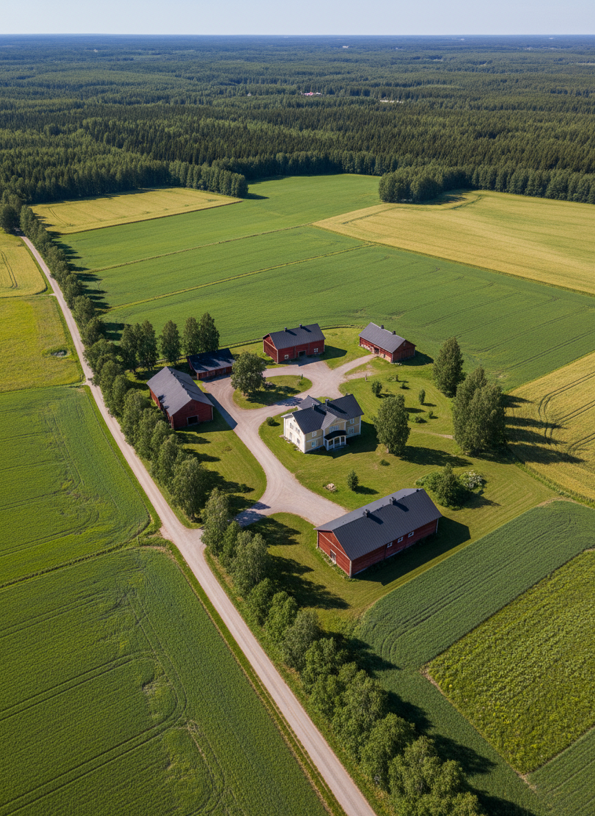 A sprawling rural Finnish estate surrounded by patchwork fields and dense forest, photographed from a medium-altitude drone on a clear summer day. The central farmhouse complex, with red-painted wooden barns and a light-colored main house with a dark roof, anchors the composition. Gravel driveways, cultivated fields in varied shades of green, and narrow tree-lined roads radiate outward, forming an intricate yet orderly landscape. Bright midday sunlight creates crisp, well-defined shadows and vibrant colors. Photographic realism with high resolution and sharp detail, captured from a slightly oblique aerial angle to reveal both the layout and the gentle contours of the land. The mood is expansive, trustworthy, and documentary, perfect for presenting large rural properties to prospective buyers or investors.